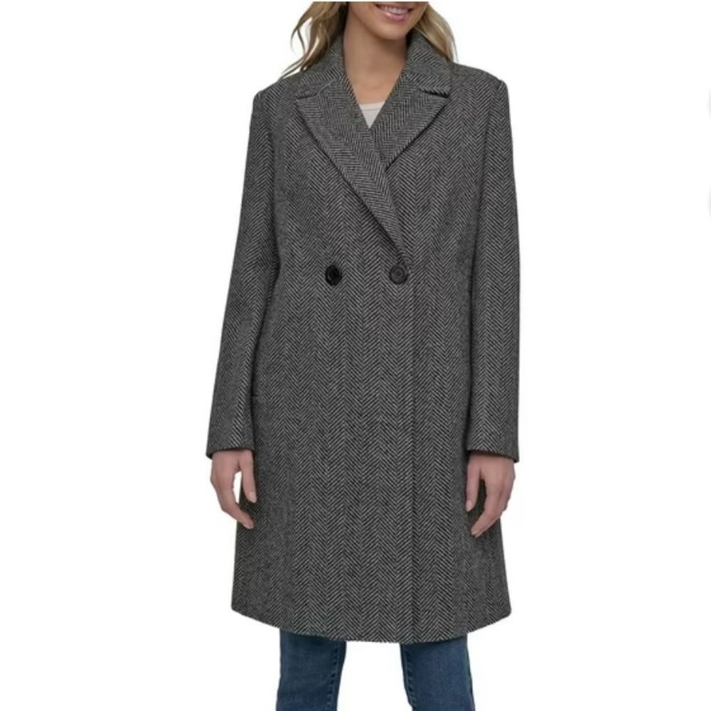 DKNY Women's Double Breasted Faux Wool Top Coat/Overcoat Grey/Black Herringbone - Picture 2 of 10